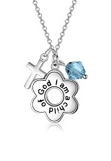 nice silver simulated aquamarine cross baby birthstone necklace